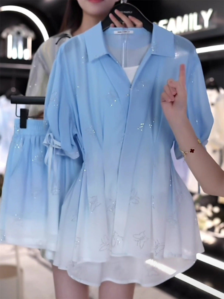 Enchanted French Gradient Waist Shirt: Elegant Disney-Inspired Summer Fashion for Women