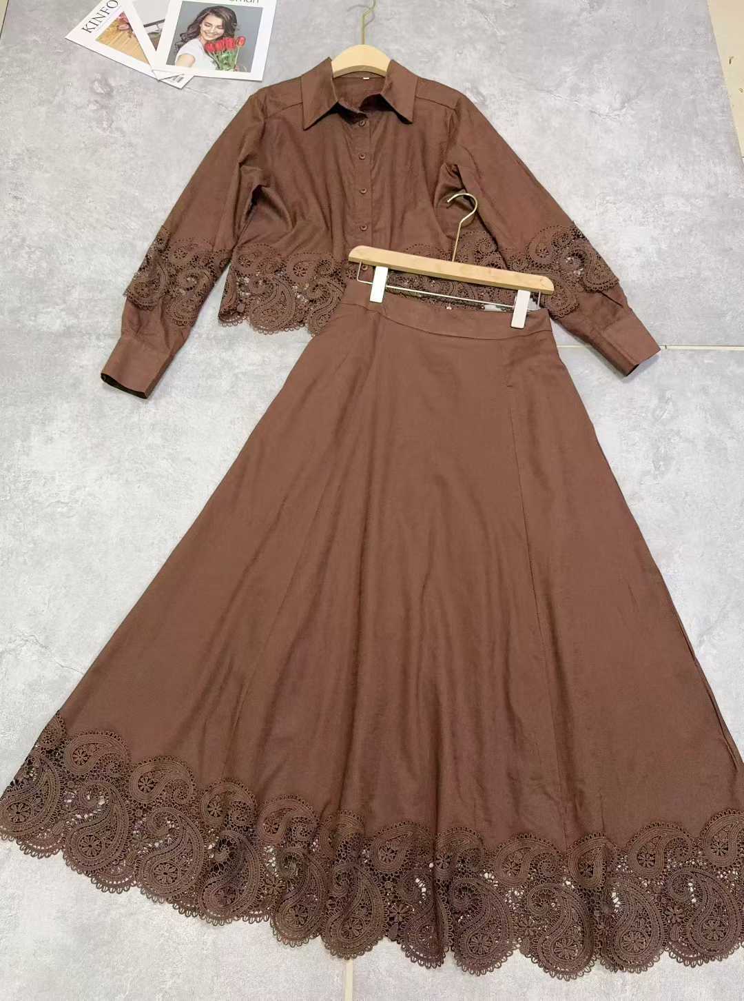 Long-Sleeved Shirt and High-Waisted Skirt Set, Spring and Autumn Solid Color Hollow-Out Patchwork, European and American Niche Designer Style, Elegant and Graceful
