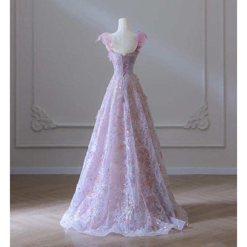Purple Floral Toast Dress 2026 New Summer Heavy-Duty Luxury Hostess Birthday Party Banquet Dress
