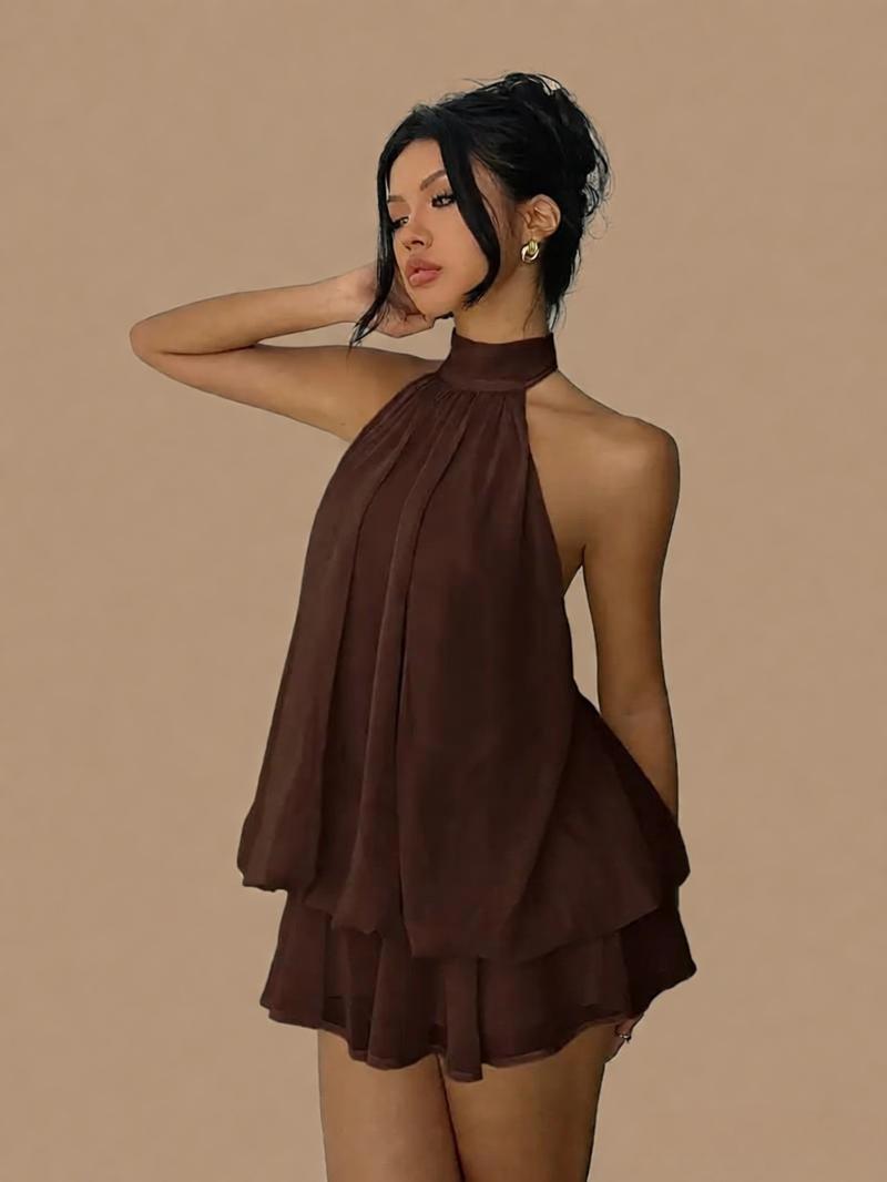 Dress for Island Vacation, Sexy Sanya European and American Style Tea Break Dress, Wide-Neck Chiffon Short Seaside Vacation Dress