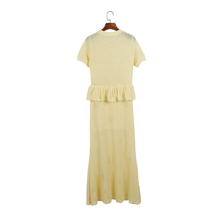 Hollow Knit Two-Piece Look Dress for Women, Summer Crochet Floral Pearl Button Waist-Cinching Drawstring Pendant Ruffle Mid-Length Dress