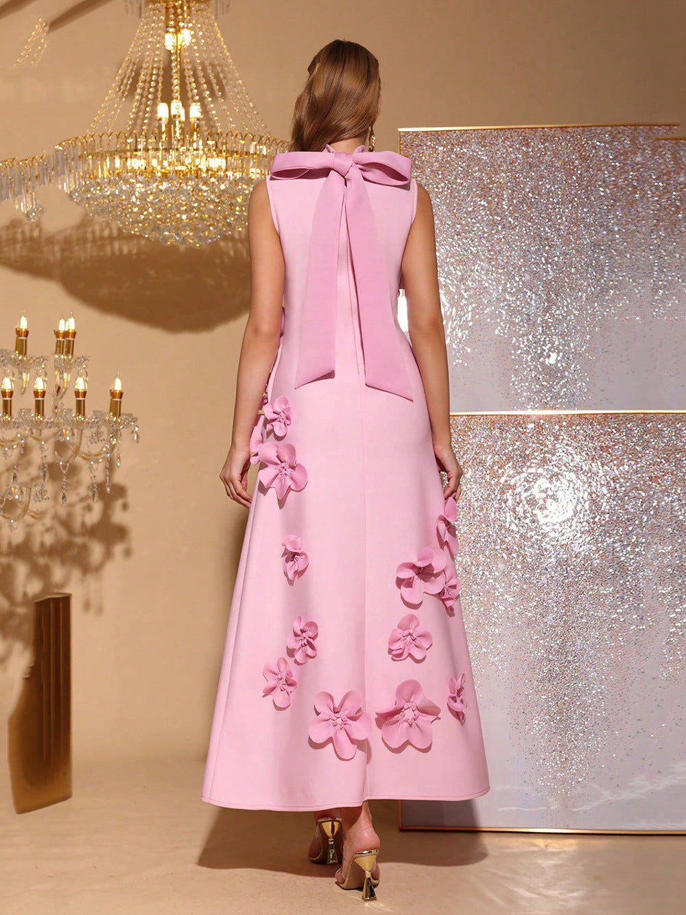 French Stereo Flower A-Line Long Skirt 2025 Summer New Style Splicing Stand-Up Collar High-End Slim Dress Women's Dress