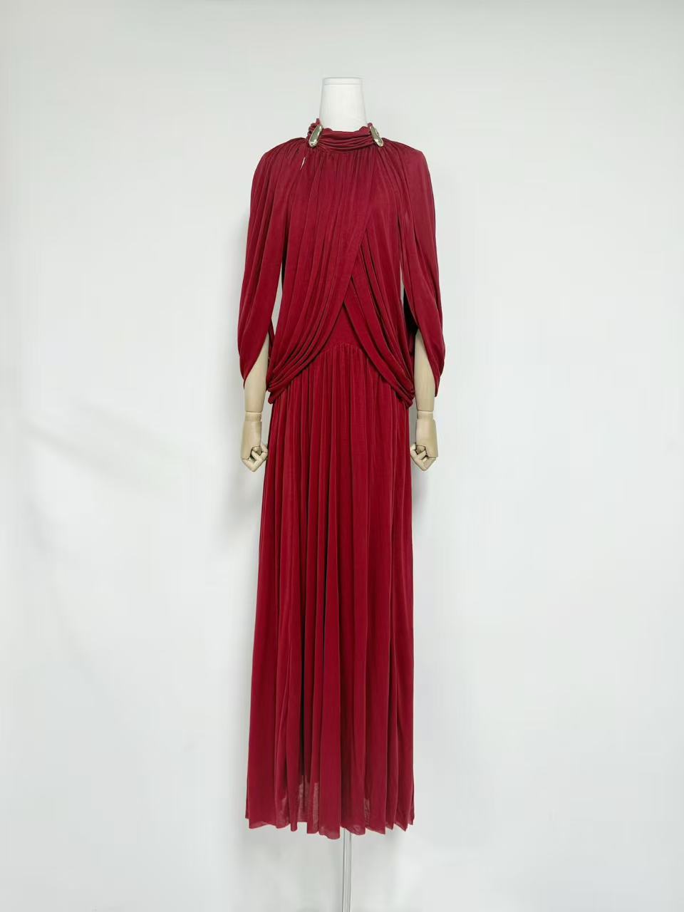 European and American Foreign Trade Cross-Border 2025 Autumn New Style Stand Collar Elegant Solid Color Pleated Knit Long Dress