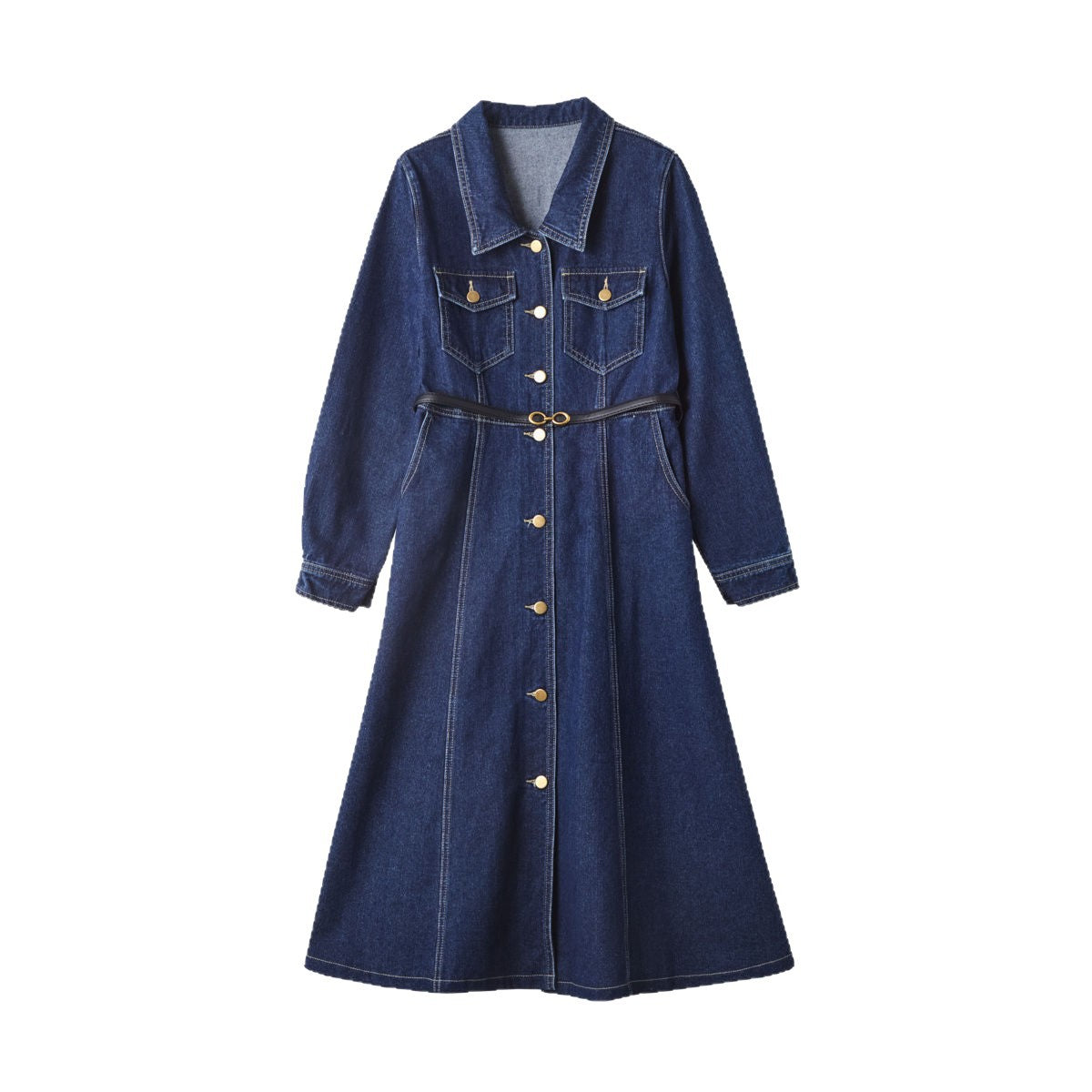 2026 Spring and Autumn New Women's Denim Dress with Turn-Down Collar, Vintage Commuter Style, Slimming Waist, and Pockets