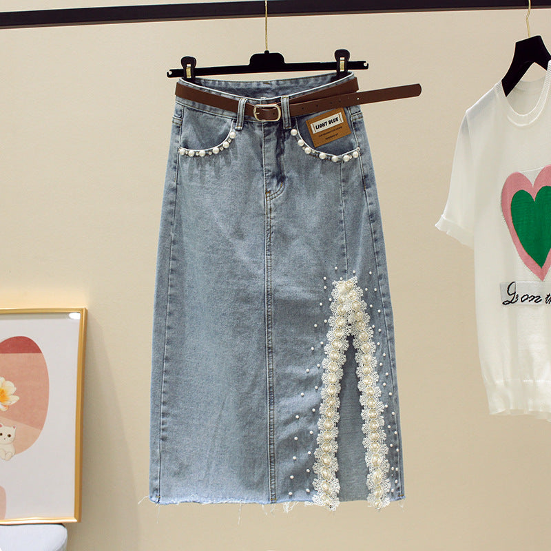 Disney-Inspired Enchanted Denim Ensemble: French Sweet Ruffled V-Neck Blouse & Split Lace Skirt