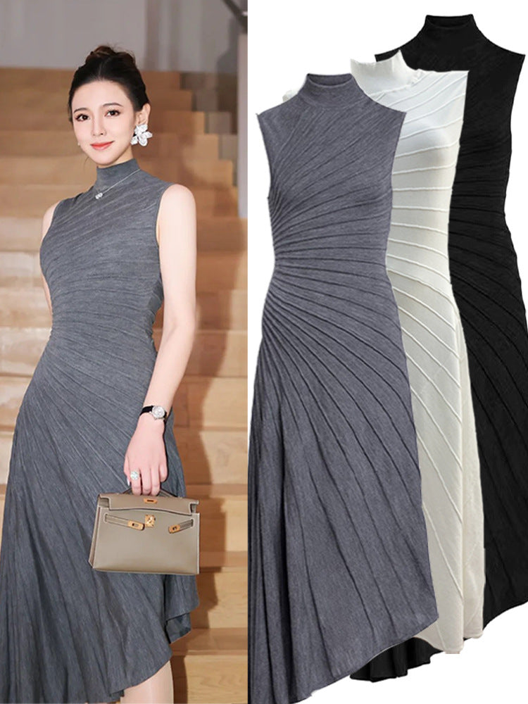 High-End Al Brand Classic Black 2025 Autumn/Winter New French Niche Minimalist Pleated Irregular Dress