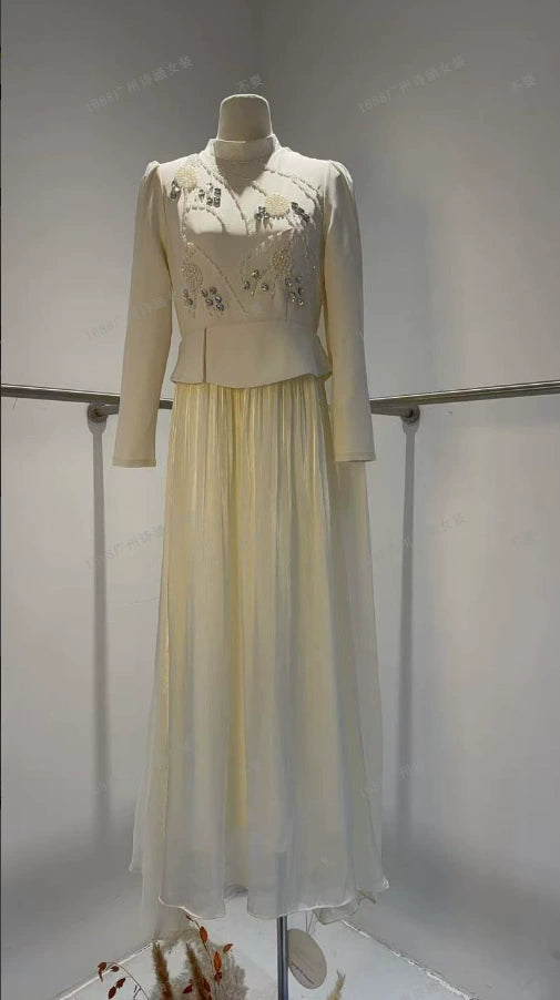 Spring 2026 European and American Amazon Cross-Border Heavy-Duty Rhinestone and Pearl Long-Sleeve Chiffon Dress