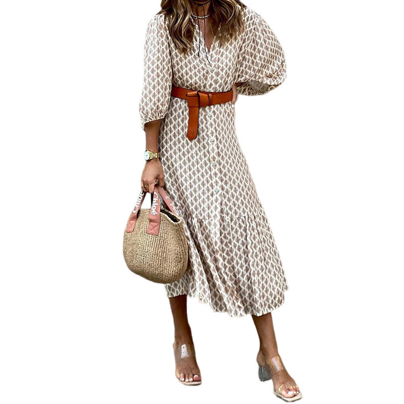 Fd1376 Spot 2025 Autumn and Winter New Cross-Border Fashion Belt Printed V Neck Simple Elegant Long Dress