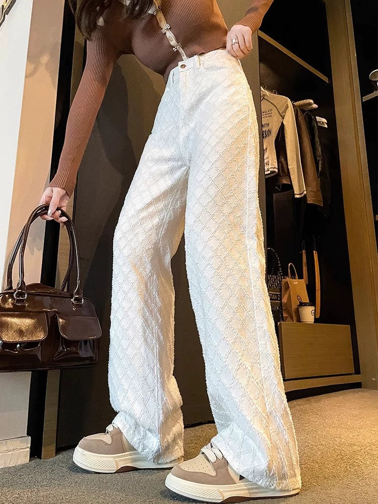 White Jeans Women's Narrow Straight Long Pants Spring Woven Wide Leg Pants High Waist Loose Casual Pants