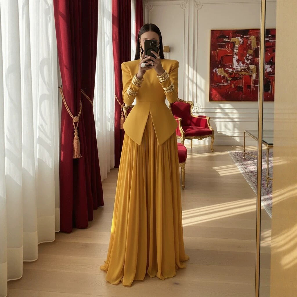 2026 New European and American Style Long-Sleeved Evening Dress for Women, High-End Slim-Fitting Suit Top, Chiffon Long Skirt Suit
