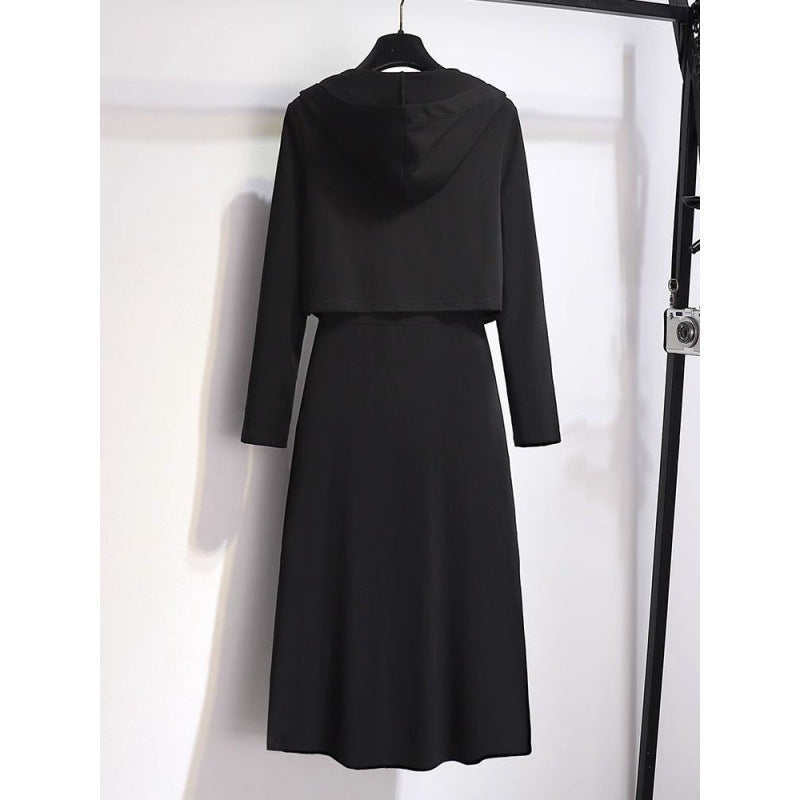 Hooded Long-Sleeved Cardigan Top with Suspender Dress for Women 2024 Spring New Slimming Look Two-Piece Set
