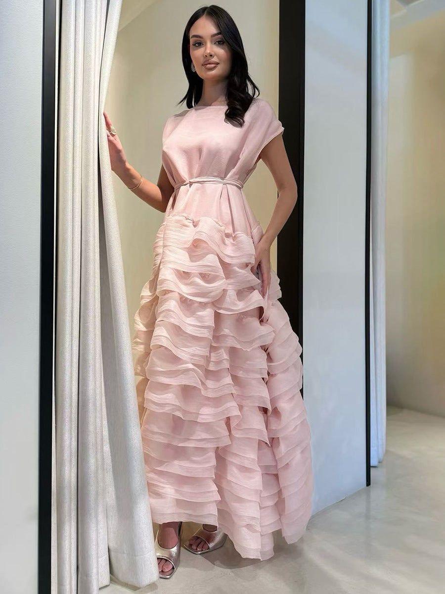Fresh and Sweet Style Dress 2025 New Classic Round Neck Short-Sleeve Waist-Cinching Slimming Multi-Layer Ruffle Long Dress