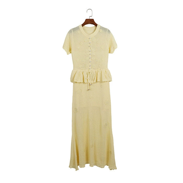 Hollow Knit Two-Piece Look Dress for Women, Summer Crochet Floral Pearl Button Waist-Cinching Drawstring Pendant Ruffle Mid-Length Dress