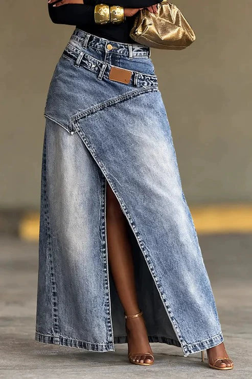 2026 Summer New European and American Cross-Border High-Waisted Irregular Slit Denim A-Line Long Skirt, Unique and Fashionable