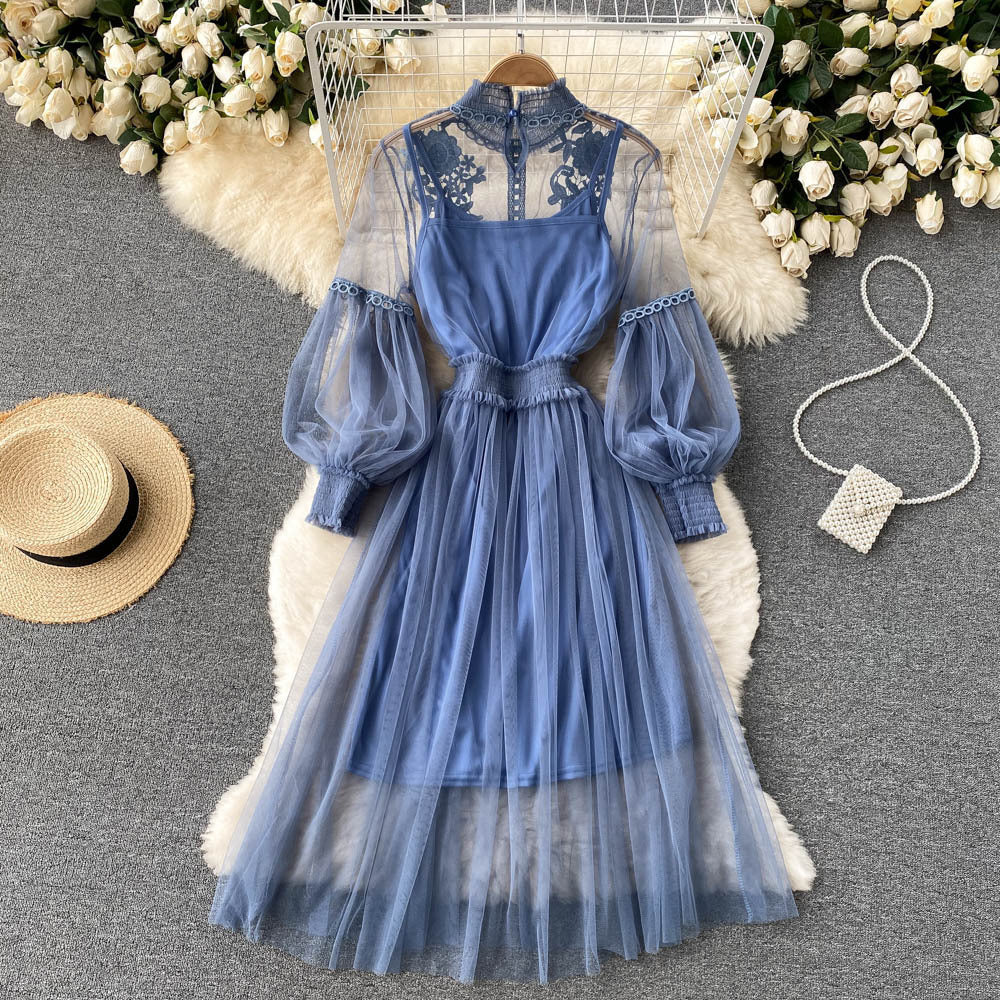 Lace Floral Mesh Skirt with Elegant Stand-Up Collar, Lantern Sleeves, High Waist, Slimming Spaghetti Strap Two-Piece Dress Set with a High-End Feel