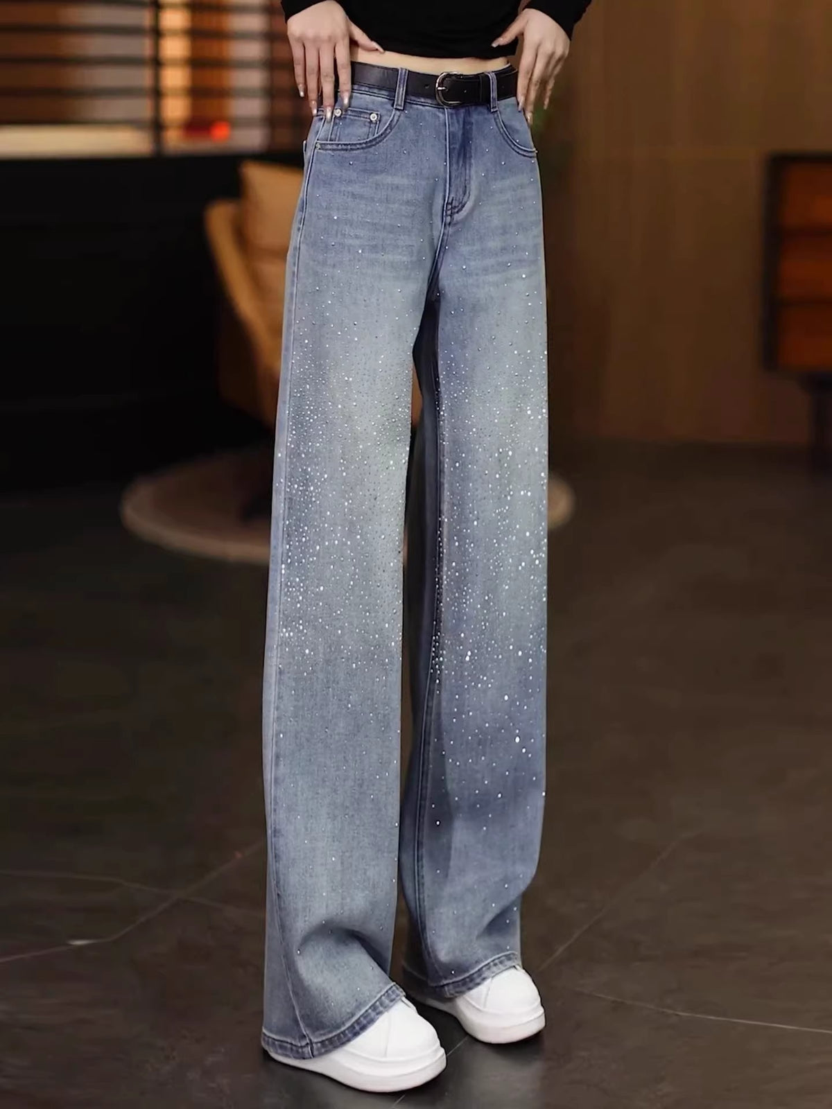 Rhinestone Wide-Leg Jeans for Women, Spring 2026 New Design, Trendy High-Waisted Loose Narrow-Cut Drape Straight Pants
