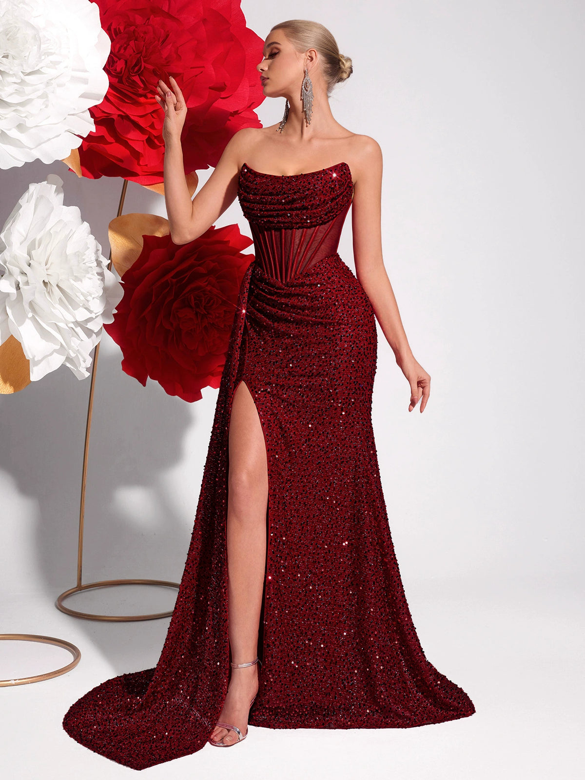 New Sequined Tube Top Slimming Look Evening Dress High Slit Model Catwalk Banquet Accessible Luxury Party Dress