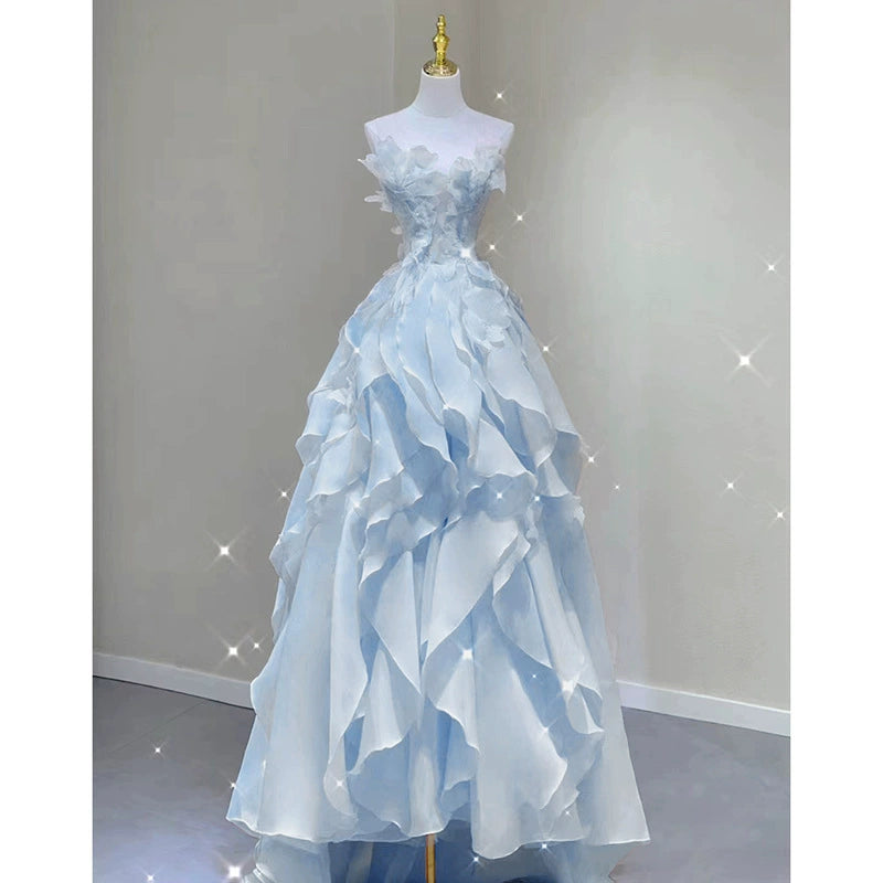 Blue Evening Dress 2026 Summer New Fairy-Style Strapless Trendy Banquet Host Graduation Adult Gown