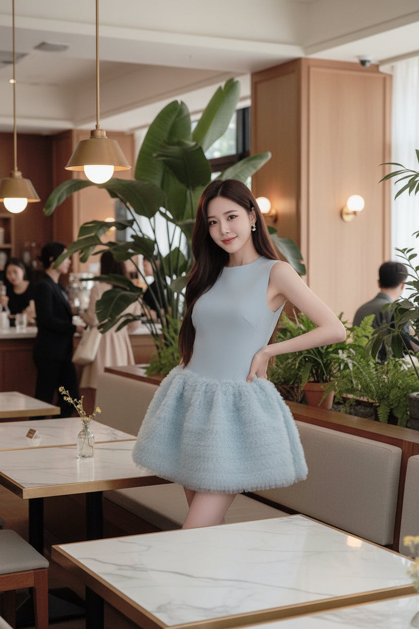 Avenement/Sleeveless Splicing/Temperament Round Neck Mesh Tutu Skirt A-Line Skirt Elastic Short Skirt for Women Summer