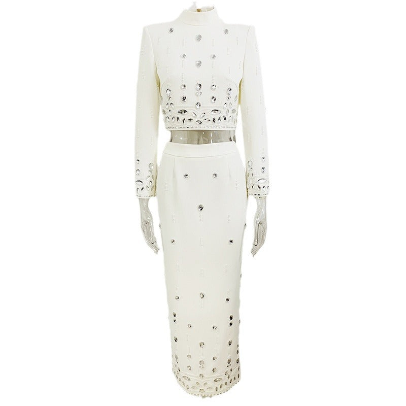 High Street Fashion 2026 Early Spring New Style High-End Heavy-Duty Beaded and Rhinestone-Embellished Short Top and Long Skirt Two-Piece Set