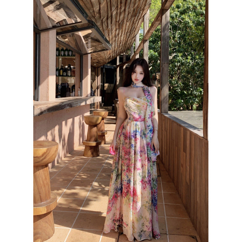 Xin Da Ke "Loving Summer" Floral Print Draped Strapless Dress with a Large Hem, Waist-Cinching Elegant Slim-Fit Long Dress