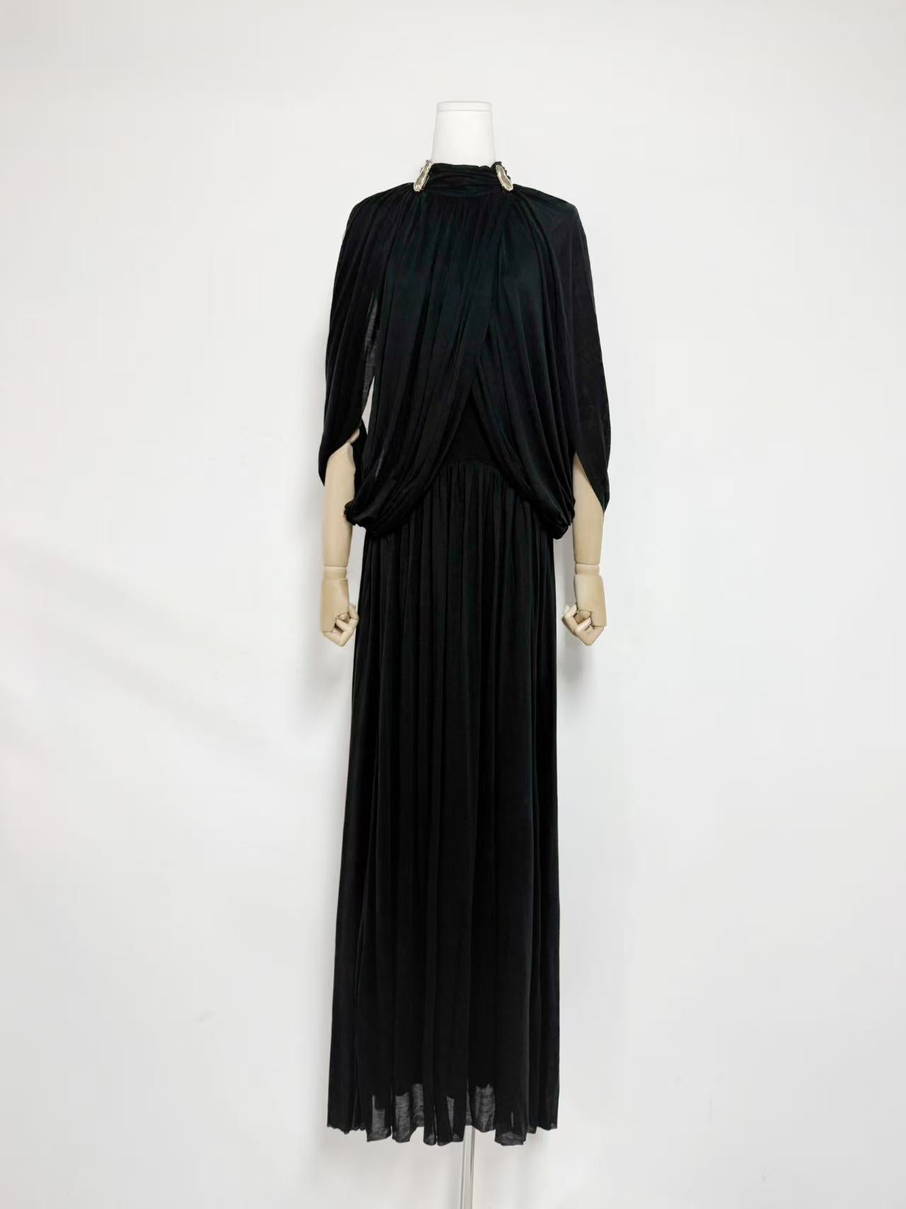 European and American Foreign Trade Cross-Border 2025 Autumn New Style Stand Collar Elegant Solid Color Pleated Knit Long Dress