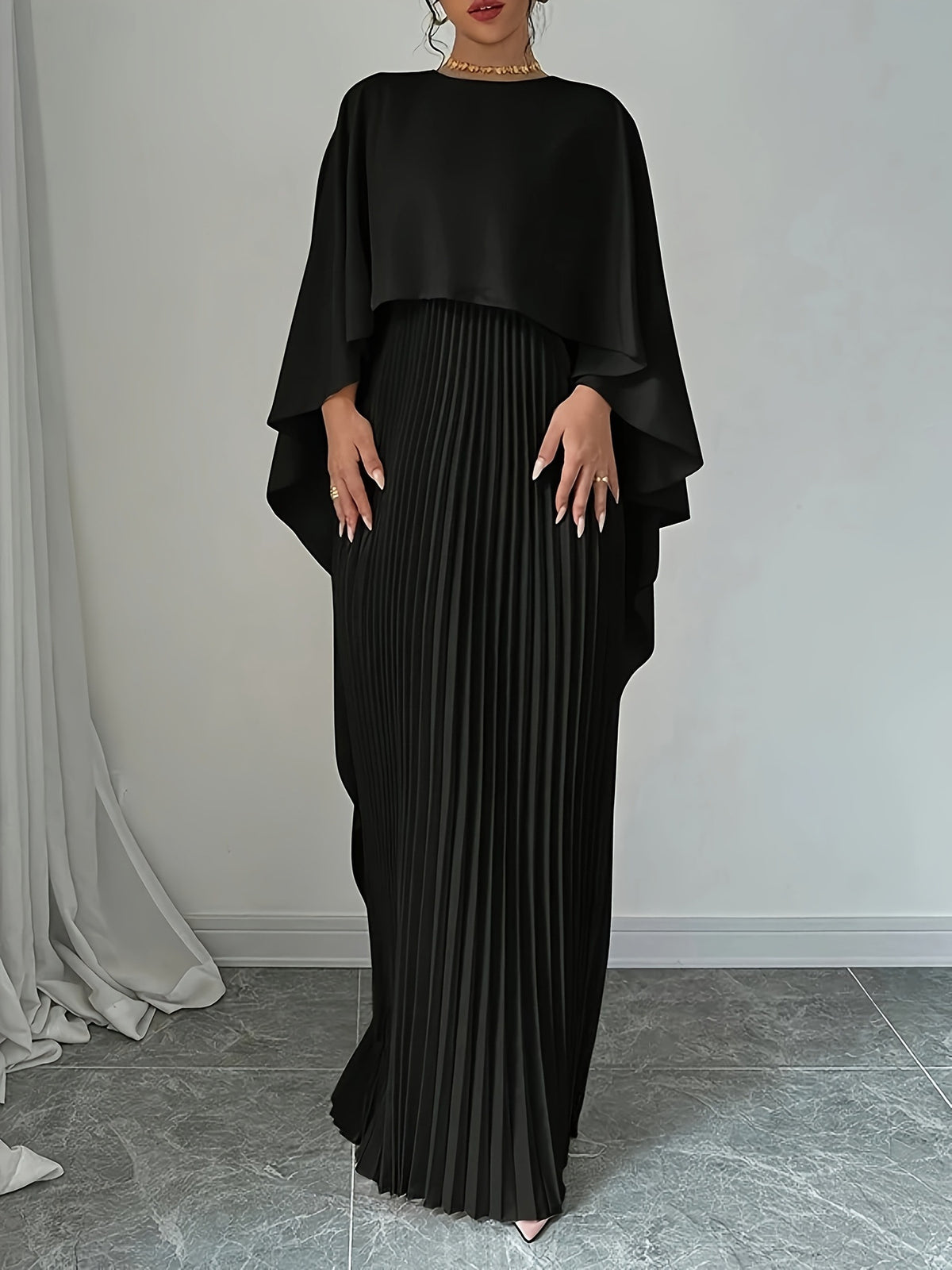 Amazon 2025 New European and American Fashionable Loose Bat-Sleeve Pleated Asymmetrical Elegant Dress for Women