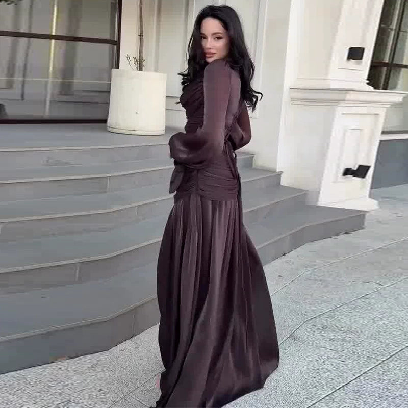 2025 New Autum Women's Clothing European and American Amazon Cross-Border Export Pleated Long-Sleeved Waist Coffee Dress