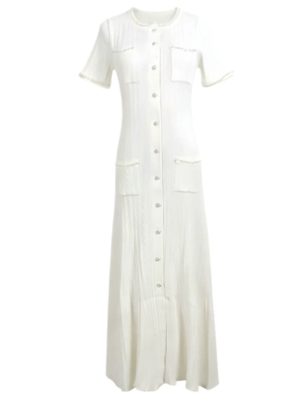 Cross-border French-style light luxury Chanel-inspired pearl round-neck knitted long dress, slim-fit, short-sleeved, fishtail dress