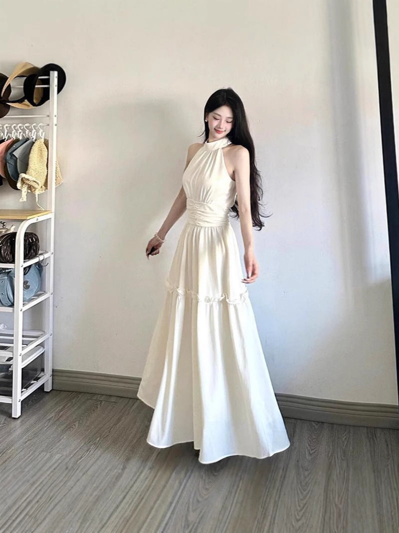 Seaside Resort Style White Sleeveless Halterneck Dress Women's Summer Design Waist Slimming Long Skirt