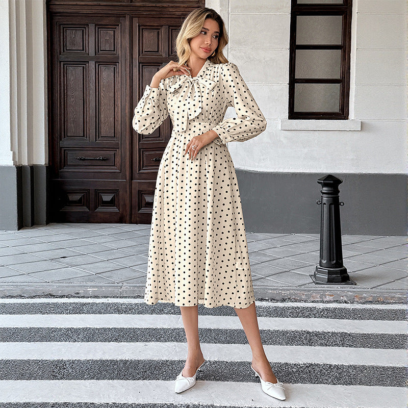 【Bai Fen Zhi Yi】Temu Cross-Border 2025 Autumn New Vintage Style Bow Collar Long Sleeve Polka Dot Dress