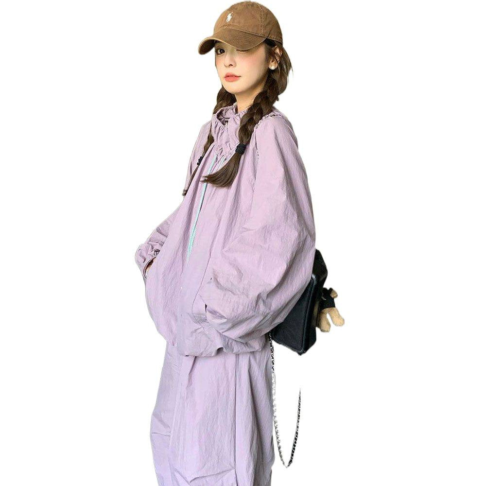 Fashionable and Stylish Sports Suit for Women, Summer Purple Lazy Style Sun Protection Jacket, Jacket and Trousers, Casual Two-Piece Set