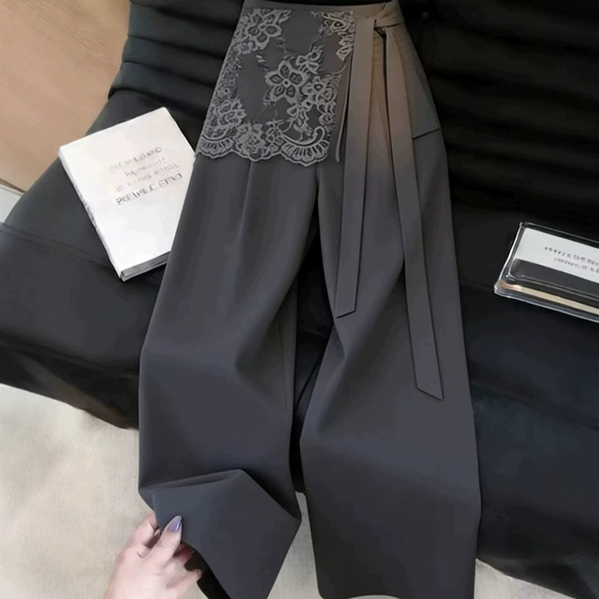 Gray Faux Two-Piece Lace-Trimmed Suit Pants for Women, 2026 Summer Trendy New Korean Style High-End Wide-Leg Pants