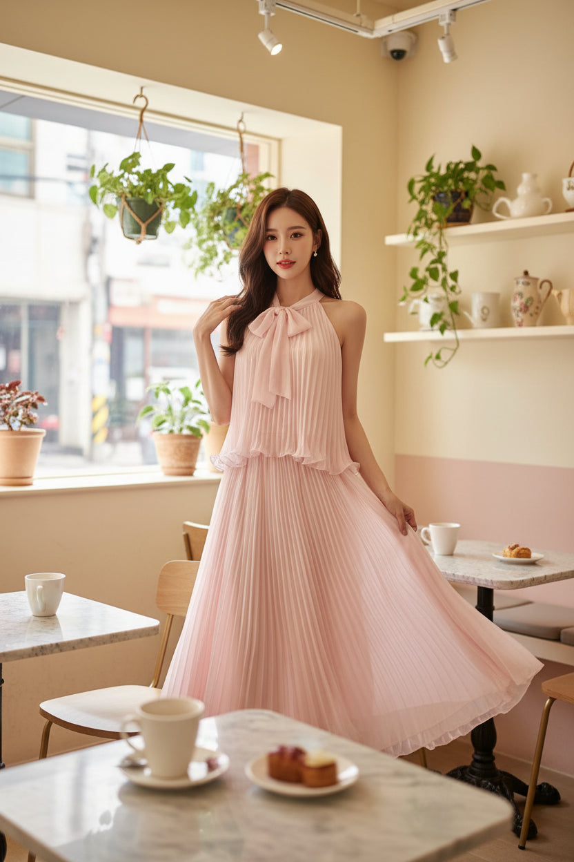 "Xinxing" Spring and Summer New French Resort Style Chiffon Pleated Ribbon Strap Top and A-Line Skirt Two-Piece Set