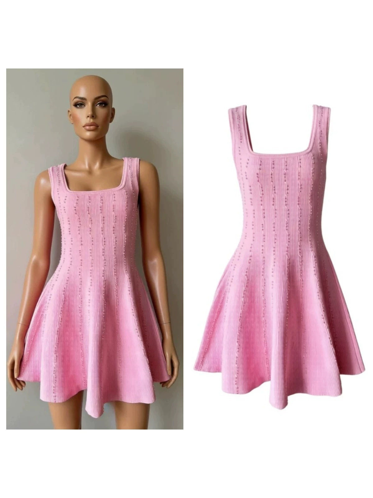 2026 Summer New Style French Women's Fashion Pearl Vertical Texture Waist-Cinching A-Line Skirt Strap Dress
