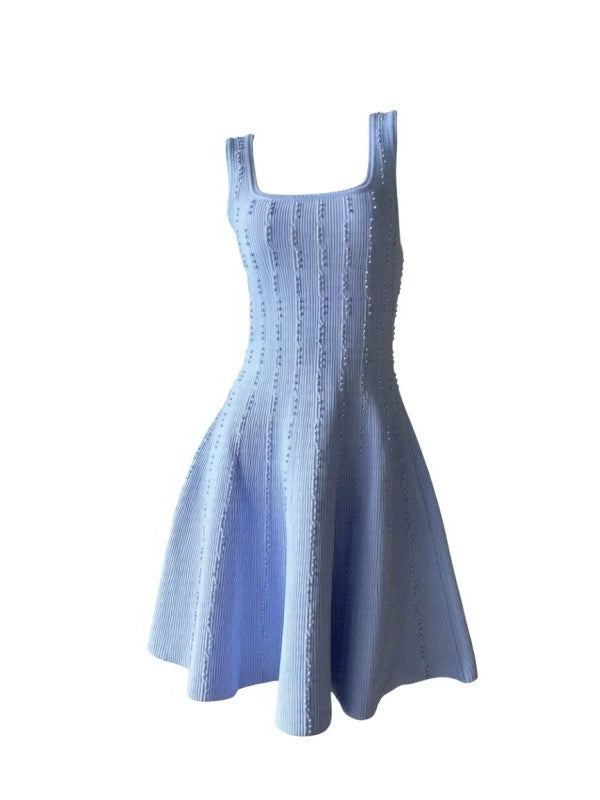 2026 Summer New Style French Women's Fashion Pearl Vertical Texture Waist-Cinching A-Line Skirt Strap Dress