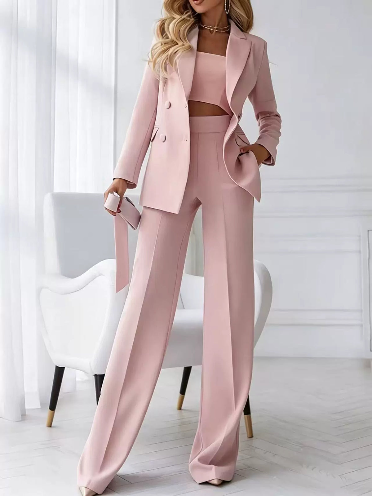 European and American New Style High-End Professional Suit Set with Double-Breasted Lapel, High-Waisted Drapey Wide-Leg Pants, and Elegant Two-Piece Set