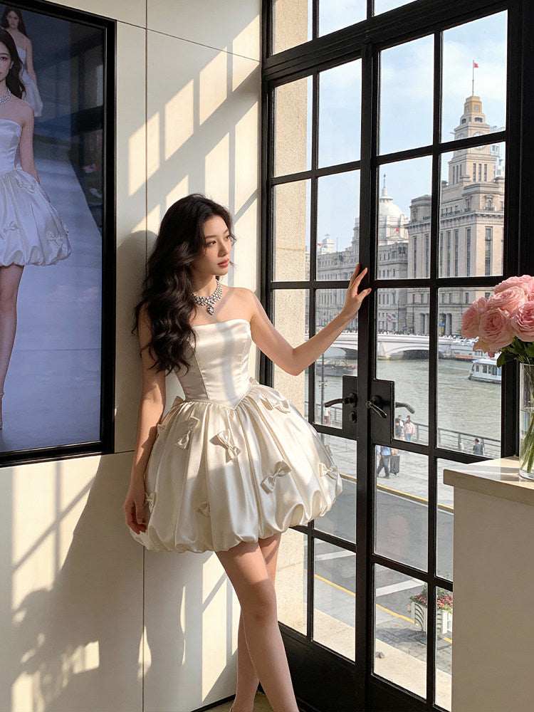 French-Style Princess-Style Strapless Waist-Cinching Slimming Puffy Dress Engagement Party Dress White Dress for Marriage Registration