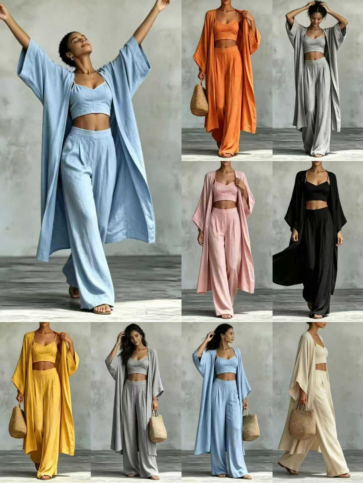 Enchanted Summer Elegance: Premium Cotton-Linen Three-Piece Set with Cardigan, Suspender Top, and Wide-Leg Trousers