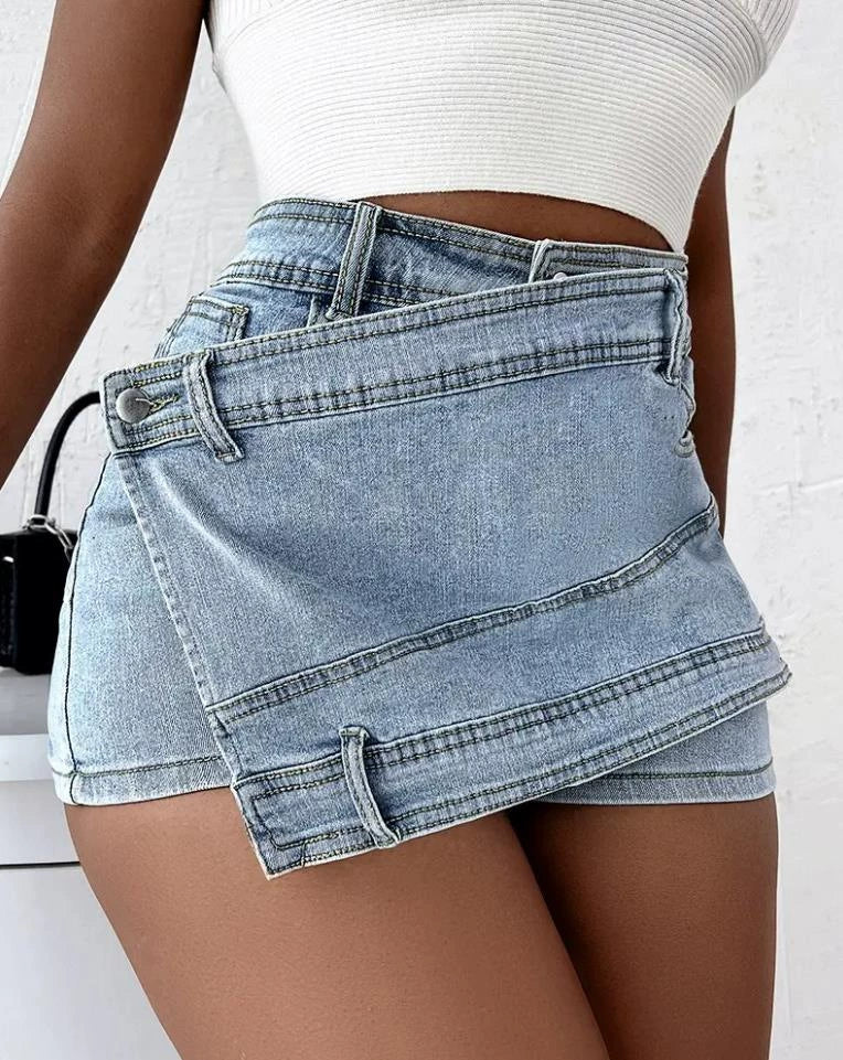 Plus Size Women's A-Line High-Waisted Irregular Wide-Leg Pants Korean Style Slimming Denim Skirt Pants Shorts Trendy Ins Fashion Brand