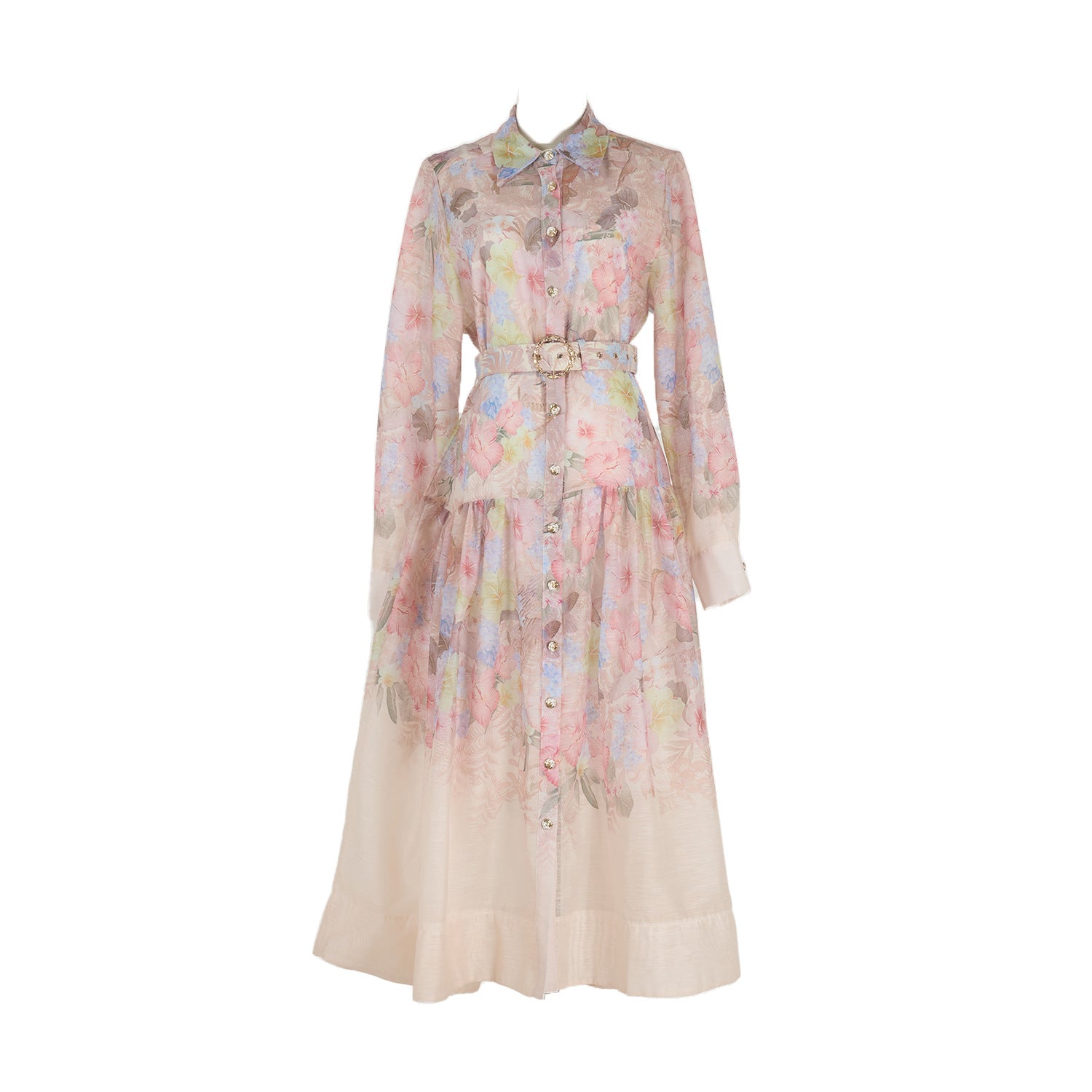 European and American Style Long-Sleeve Dress with a Wide Hem, Belt, Single-Breasted Design, and Printed Pattern, Suitable for the Beach in Sanya