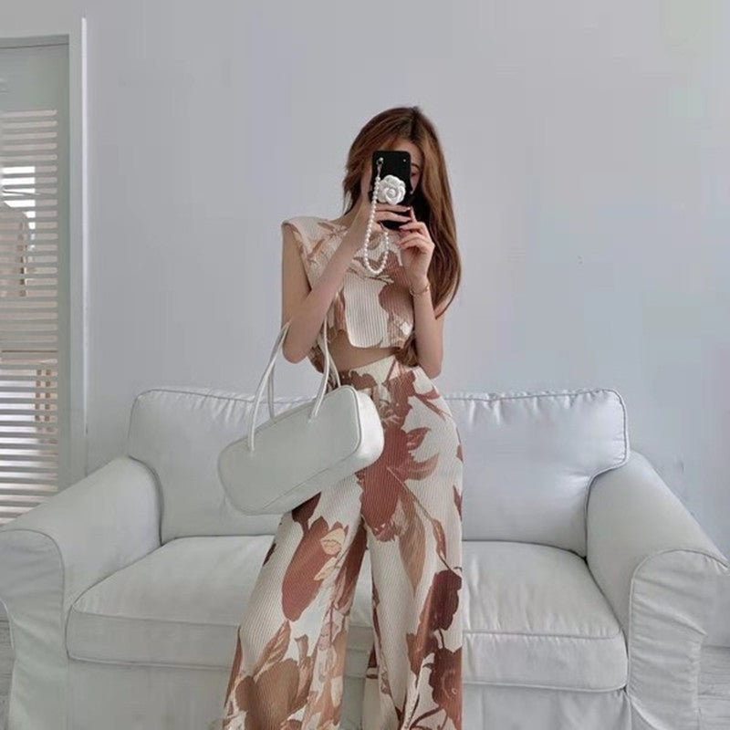 Thailand Wholesale Summer Suit Women's Design Sense Tie Dye Printed Sleeveless Vest + Casual Mopping Wide Leg Two-Piece Set