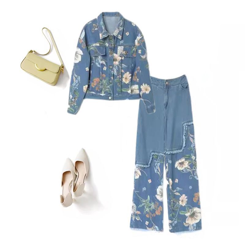 Spring and Autumn Casual Professional Fashion Suit 2025 New Women's Fashionable Slim Denim Wide Leg Pants Two-Piece Set Trendy