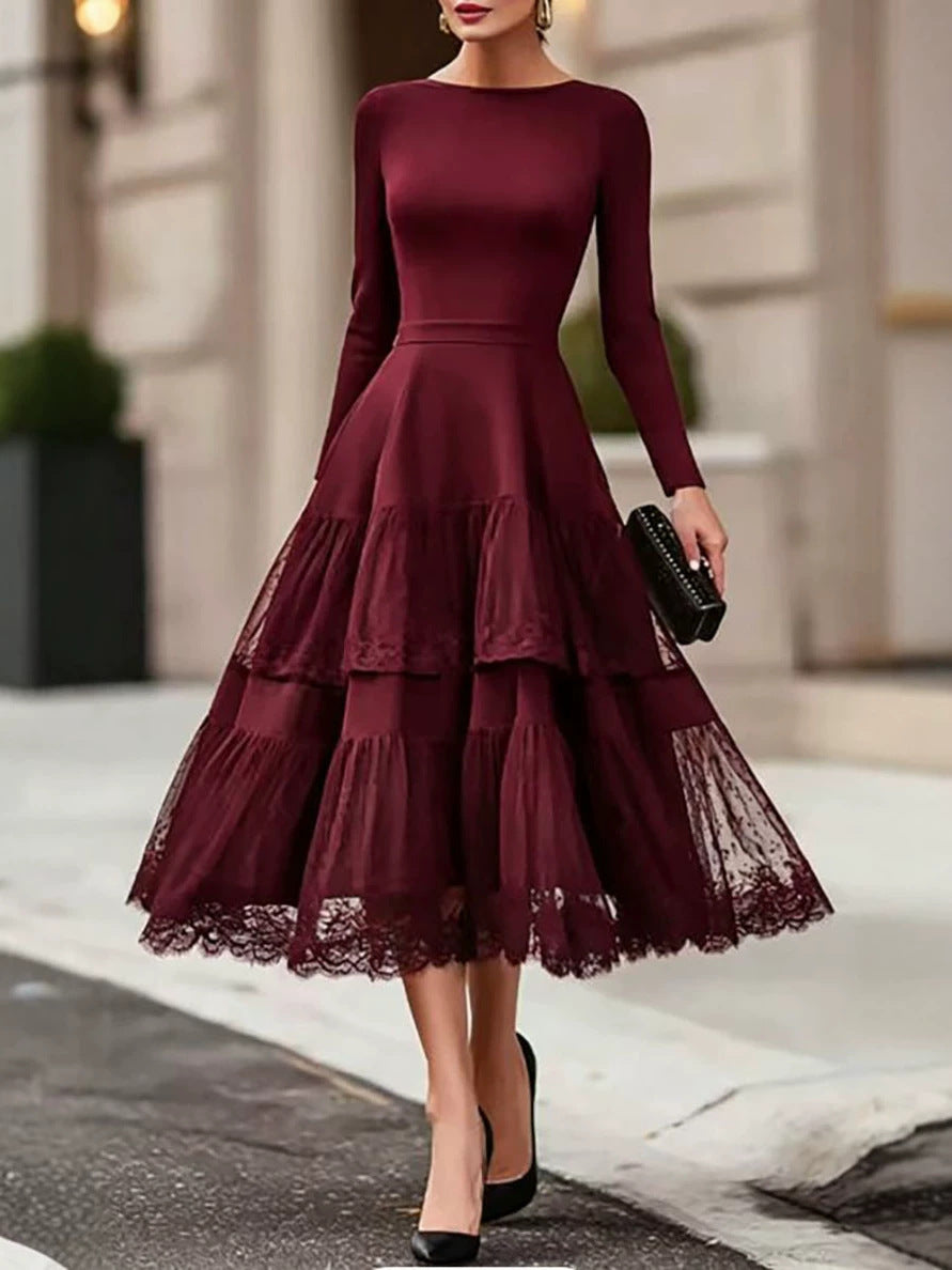 Disney Enchanted 2026 Autumn Collection: Elegant French-Style Mesh Patchwork Long-Sleeve Dress