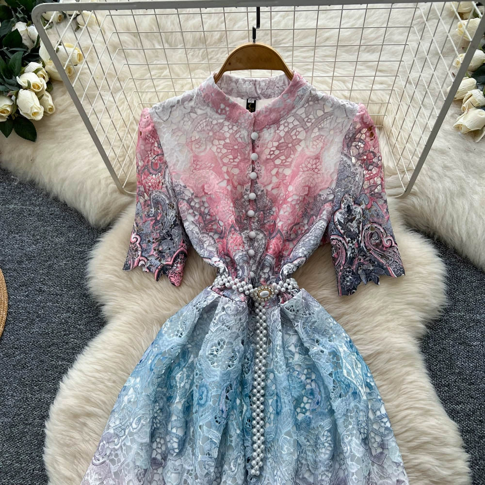 Cross-Border Style Elegant Dress for Women with a High-End Feel, Tie-Waist, Five-Quarter Sleeves, Hollow-Out Crochet Lace, Printed Large Hem Long Dress