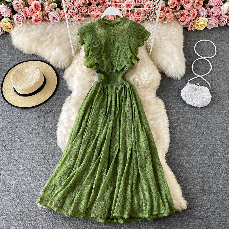 Free Shipping Spring and Autumn Lace Crewneck Dress Long-Sleeved Fashionable Slim-Fit Slimming Elegant Ruffled Long Dress
