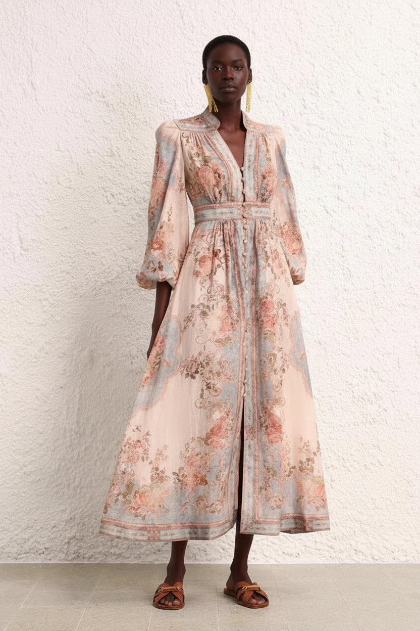 Enchanted 2025 Floral Lantern Sleeve Stand-Up Collar Holiday Midi Dress