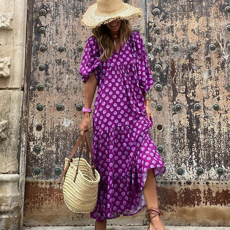 2023 Autumn New Independent Station Best Selling Geometric Print Puff Sleeve Dress Street Street Street Plus Size Women's Clothing