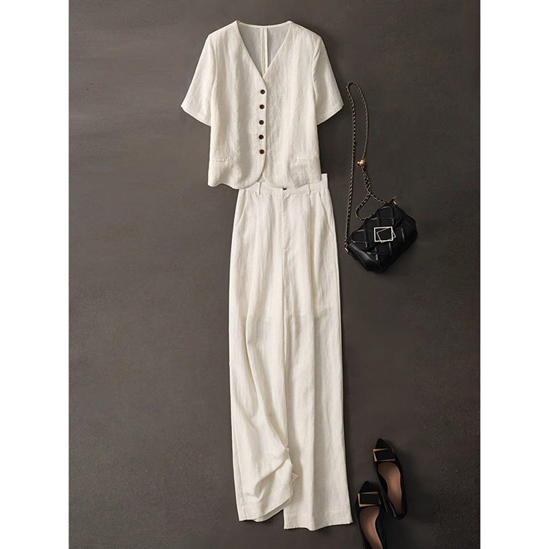 Enchanted Summer Elegance: A Timeless Old Money Two-Piece Set with Short-Sleeved Top and Wide-Leg Trousers
