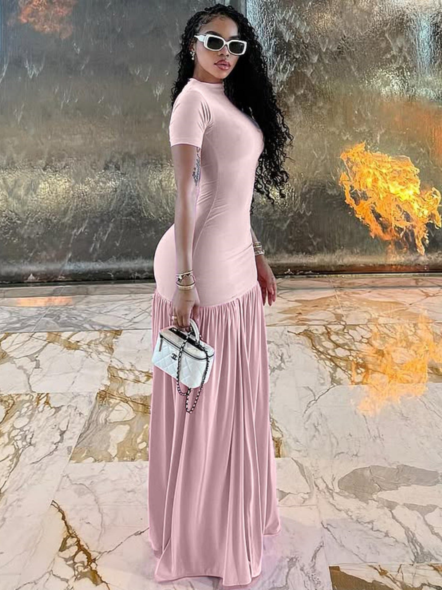 2025 European and American Style Cross-Border Foreign Trade Women's Skirt Fashionable Elegant Round Neck Slim Slit Splicing Dress Women's Summer